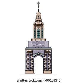 Trinity college bell tower flat color line illustration. Vector icon of top-rated landmark in Dublin, Ireland. Medieval european building in thin linear design for tourist books, brochures, maps.