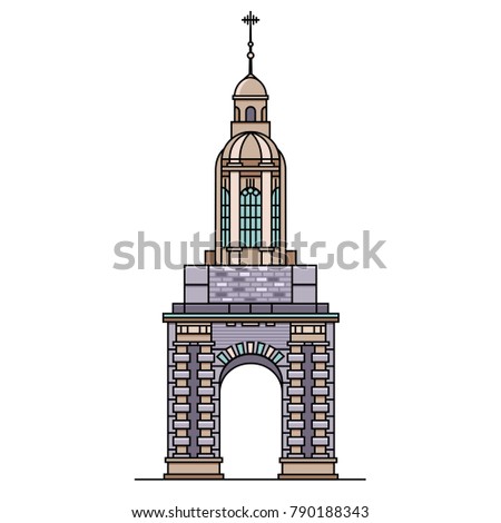 Trinity college bell tower flat color line illustration. Vector icon of top-rated landmark in Dublin, Ireland. Medieval european building in thin linear design for tourist books, brochures, maps.