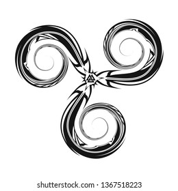 Trinity. Fire, air, water. Elements of the nature. Amulet of Vikings. Sign of Celts. Sun symbol. Ancient sign of eternal life. Scandinavian style. Triskelion. Triskele. Valknut. Black Nordic tattoo. 