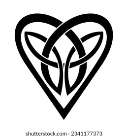 The Trinity Knot intertwined with Heart symbol. Wiccan triqueta symbol design. Vector line art.