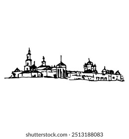 The Trinity Makaryev Monastery in Kalyazin, Russia. Ancient Orthodox temple. Architectural illustration. Hand drawn linear doodle rough sketch. Black and white silhouette.