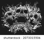Trinity of mouth opened scary skulls. Hand drawn vector illustration in grunge black and white.