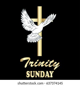 Trinity sunday. Christian church concept. Church sacrament symbol. Holy spirit.Biblical tongues of fire, cross, holy spirit dove. Vector illustration.