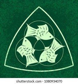Trinity Sunday. The concept of a religious Christian holiday. Three fish, located symmetrically. Three circles, a rounded triangle. On a green background