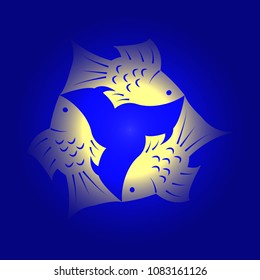 Trinity Sunday. The concept of a religious Christian holiday. Three fish, located symmetrically. Yellow and blue