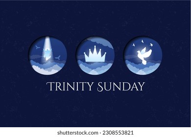 Trinity Sunday Design. Religious trinity, crown, Jesus, holy spirit, dove. Blue and white. Observed on the first Sunday after Pentecost. Three religious icons. Vector Illustration. EPS 10. - Shutterstock ID 2308553821