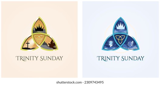 Trinity Sunday Greeting card set.  Triquetra. Religious trinity, crown, cross, holy spirit, dove. Gold and blue trinity. Observed on the first Sunday after Pentecost. Vector Illustration. EPS 10.