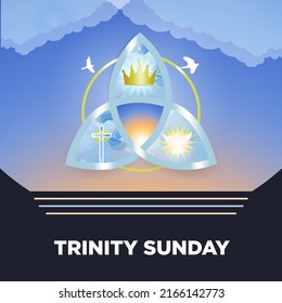 Trinity Sunday Greeting. Observed on the first Sunday after Pentecost. Religious trinity, crown, cross, holy spirit, dove. Silver trinity knot with golden ring. Vector Illustration. EPS 10. Square.