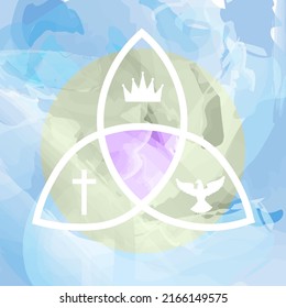 Trinity Sunday Logo on watercolor background. Crown, cross, holy spirit dove. Abstract art religious logo. Vector Illustration. EPS 10. 