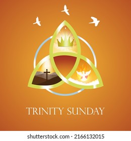 Trinity Sunday Vector Illustration. Religious trinity, crown, cross, holy spirit, dove. Gold and silver trinity.  EPS 10. For Design elements, posters, cards, social media, banner, web, cards, icons.