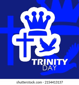 Trinity symbol consisting of a king's crown, a cross and a bird on blue background and bold texts, Trinity Sunday  June 12