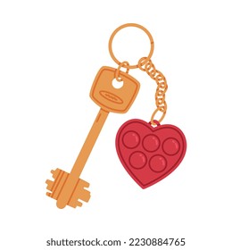 Trinket with Brass Key Hanging with Heart Keychain or Keyring Vector Illustration