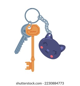 Trinket with Brass and Silver Key Hanging with Cat Keychain or Keyring Vector Illustration