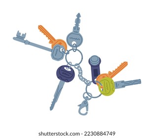 Trinket with Brass and Steel Key Hanging with Keychain or Keyring Vector Illustration