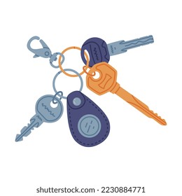 Trinket with Brass and Steel Key Hanging with Keychain or Keyring Vector Illustration