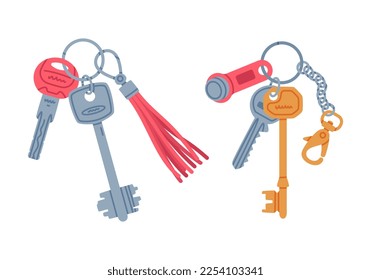 Trinket with Key Hanging with Keychain or Keyring Vector Set