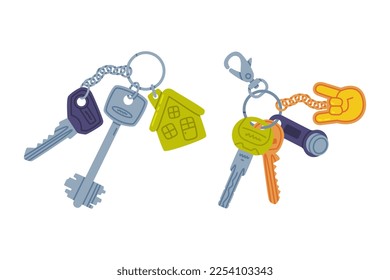 Trinket with Key Hanging with Keychain or Keyring Vector Set