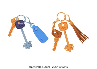 Trinket with Key Hanging with Keychain or Keyring Vector Set