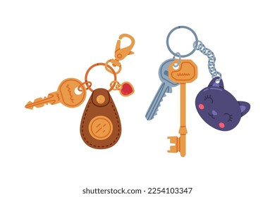 Trinket with Key Hanging with Keychain or Keyring Vector Set