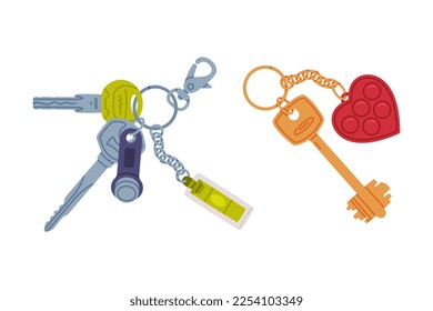 Trinket with Key Hanging with Keychain or Keyring Vector Set