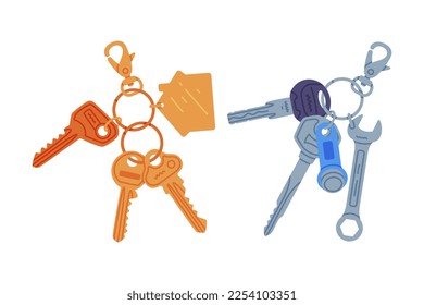 Trinket with Key Hanging with Keychain or Keyring Vector Set