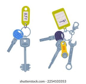 Trinket with Key Hanging with Keychain or Keyring Vector Set