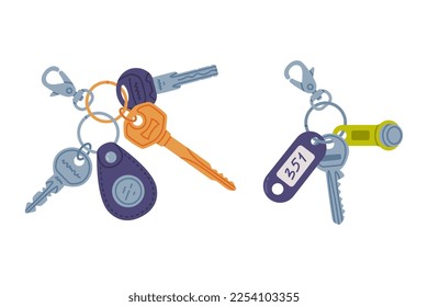 Trinket with Key Hanging with Keychain or Keyring Vector Set