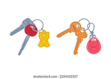 Trinket with Key Hanging with Keychain or Keyring Vector Set