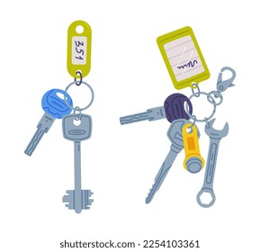 Trinket with Key Hanging with Keychain or Keyring Vector Set