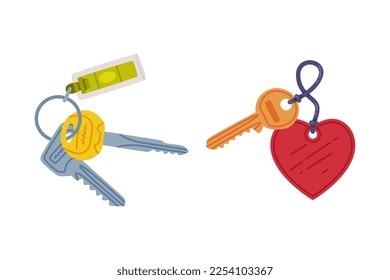 Trinket with Key Hanging with Keychain or Keyring Vector Set