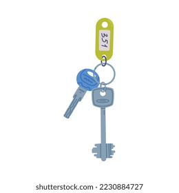 Trinket with Key Hanging with Keyring with Plastic Number Tag Vector Illustration