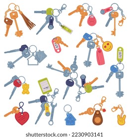 Trinket with Keys Hanging with Keychain or Keyring Vector Set