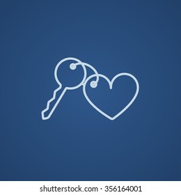 Trinket for the keys as a heart line icon for web, mobile and infographics. Vector light blue icon isolated on blue background.