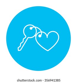 Trinket for the keys as a heart line icon for web, mobile and infographics. Vector white icon on the light blue circle isolated on white background.