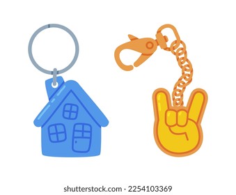 Trinket for Keys with Horn Sign and House Keychain or Keyring and Clasp Vector Set