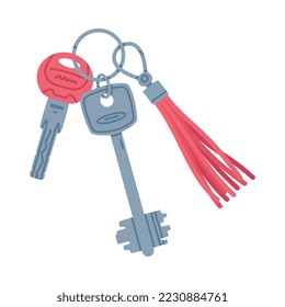 Trinket with Steel Key Hanging with Tassel Keychain or Keyring Vector Illustration