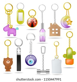 Trinket vector metal keychain with silver ring amd metallic keying souvenir illustration set of bibelot for key with house or bear symbol and pendant isolated on white background