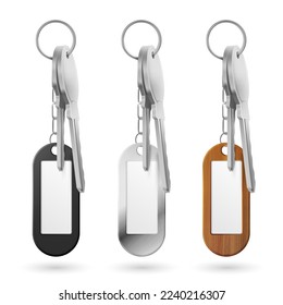 Trinkets, keys bunch, metal, wooden and plastic door clef holders on steel ring set. Oval keychains accessories or pendants isolated on white background. Realistic 3d vector illustration, mock up