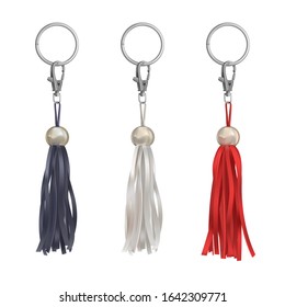 Trinkets with leather tassel for handbag, zipper or keyring. Vector realistic of pendant with black, white and red fringe, bead and puller isolated on white background svg