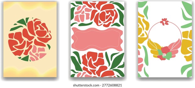 A trio of abstract graphic designs featuring stylized red and pink roses interspersed with green leaves