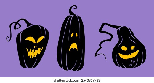 trio de abstrato jack-o'-lanternas com rostos amarelos brilhantes contra um fundo roxo, projetado para convites temáticos assustadores, decoração festiva, ou decorações de festas de Halloween.