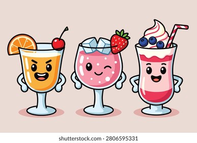 Trio of adorable cartoon glasses filled with colorful fruit smoothies and milkshakes featuring cute faces and various sweet toppings.
