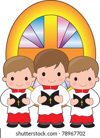 A trio of altar boys are holding bibles and standing in front of a stained glass window