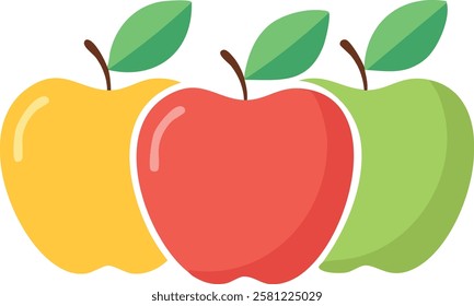 A trio of apples in bright red, green, and yellow hues with fresh leaves