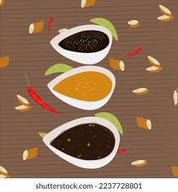 TRIO OF ASIAN SAUCES. Asian sauces in white bowls diagonally with egg rolls. Sweet, spicy and savory.
