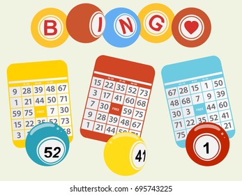 Trio of Bingo Cards and Balls Over Light Green Background