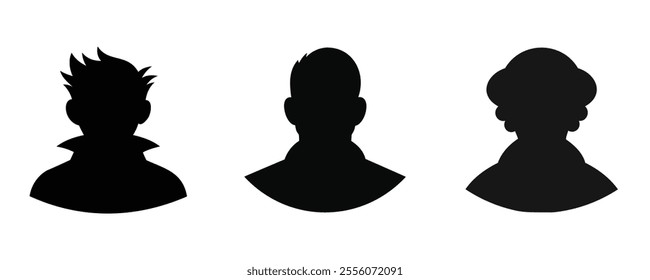 A trio of black silhouette portraits featuring diverse hairstyles and collars, arranged in a horizontal row, on a white background. Minimalist vector-style design