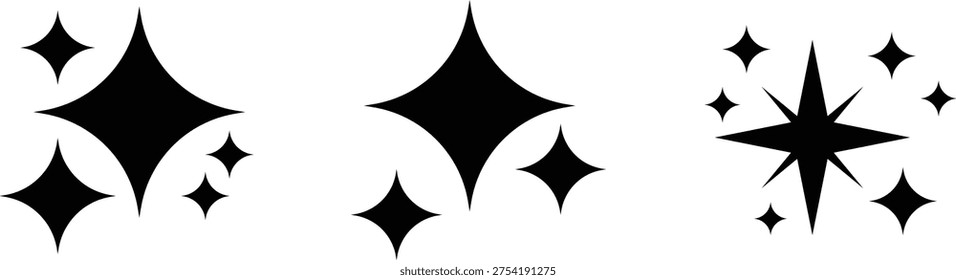A trio of black sparkle icon sets, each displaying unique configurations of star-like shapes and glinting elements.