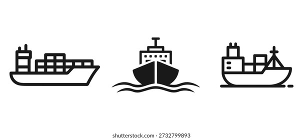 Um trio de ícones de navios cargueiros, mostrando diferentes projetos de embarcações de contêineres navegando na água.