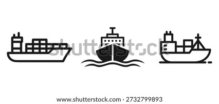 A trio of cargo ship icons, showcasing different designs of container vessels sailing on water.